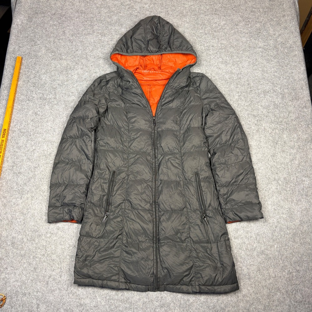 Michael Kors Womens Packable Puffer Jacket Grey Orange Hooded Long Coat Small